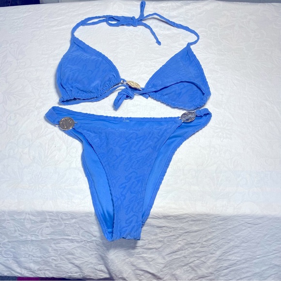 FUBU Swim Set Textured Logo Print Metal Decal Halter Triangle Suit Bikini Small - Picture 1 of 13